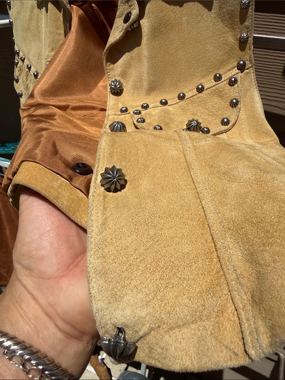 Vintage Arella Leather Carmel soft bigsm studs Western / biker lined pickets S-M - Picture 10 of 17